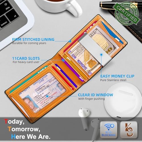 "KS Slim Front Pocket Leather Wallet - RFID Blocking, Money Clip, Gift for Men, Fits 11 Cards, Ideal for Everyday Use, A