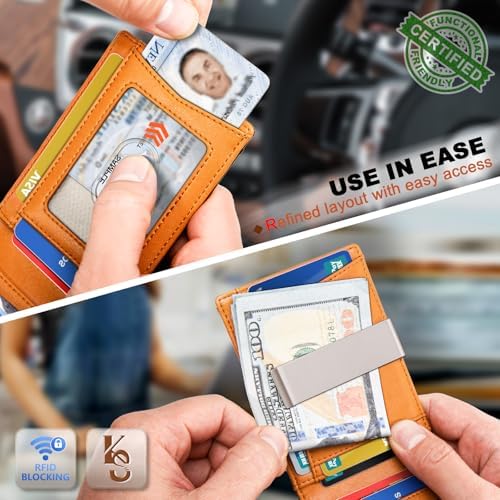 "KS Slim Front Pocket Leather Wallet - RFID Blocking, Money Clip, Gift for Men, Fits 11 Cards, Ideal for Everyday Use, A