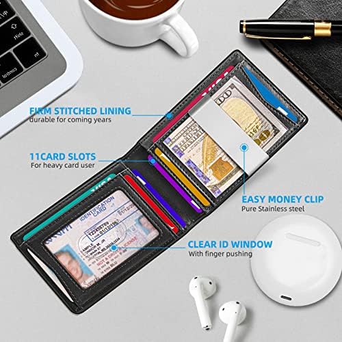 "KS Slim Front Pocket Leather Wallet - RFID Blocking, Money Clip, Gift for Men, Fits 11 Cards, Ideal for Everyday Use, A