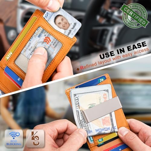 "KS Slim Front Pocket Leather Wallet - RFID Blocking, Money Clip, Gift for Men, Fits 11 Cards, Ideal for Everyday Use, A